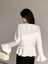 DAZY Women's Solid Color Relaxed Fit Bell Sleeve Shirt With Ruffle Hem And Tie Waist